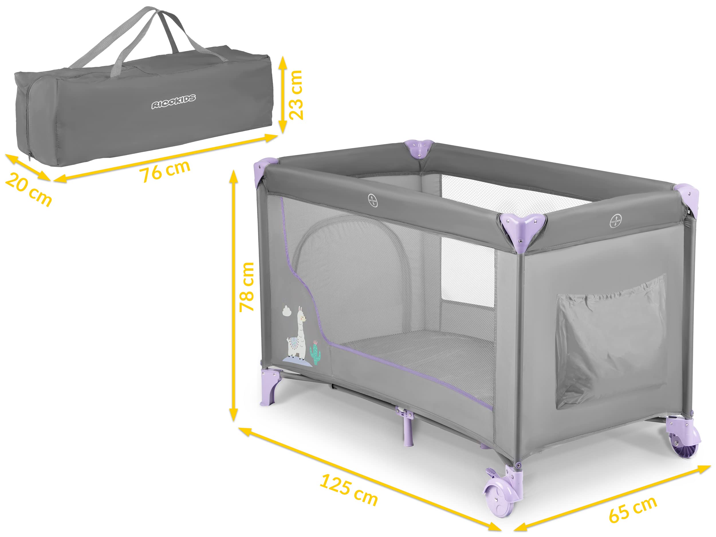 Ricokids Łóżeczko turystyczne dla niemowląt z materacem 123,5 x 64 x 76 cm do 15 kg 2 koła z hamulcami jasnoszary lawendowy