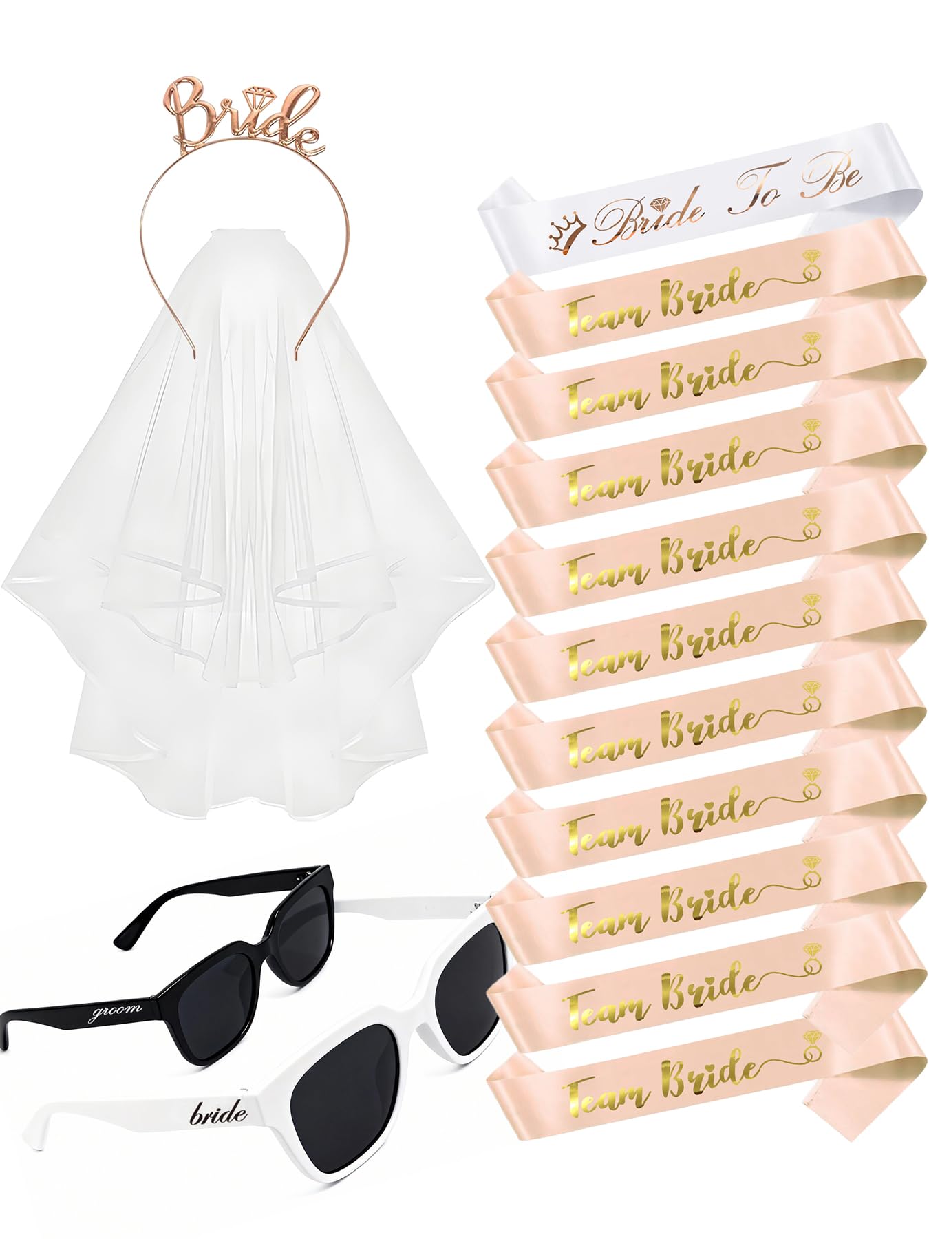 luckystardom Hen Party Accessories Set - Bride to Be Sash, Team Bride Sashes, Sunglasses, Veil, Tiara - Bachelorette Parties Bridal Party Favours โ image 1