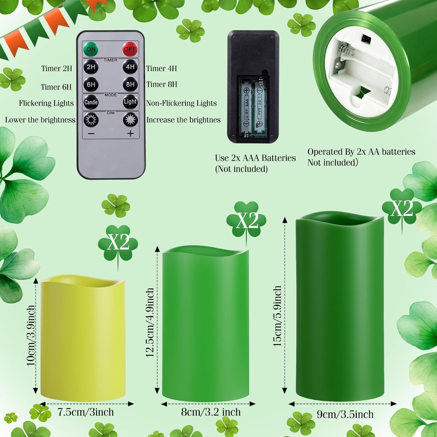 VIHOSE 6 Pcs St Patrick's Day Flameless LED Candles Green Irish Melted Edge Real Wax Decoration Fake Pillar Candles with Remote and Timer Function 4" 5" 6" Gifts for Decor