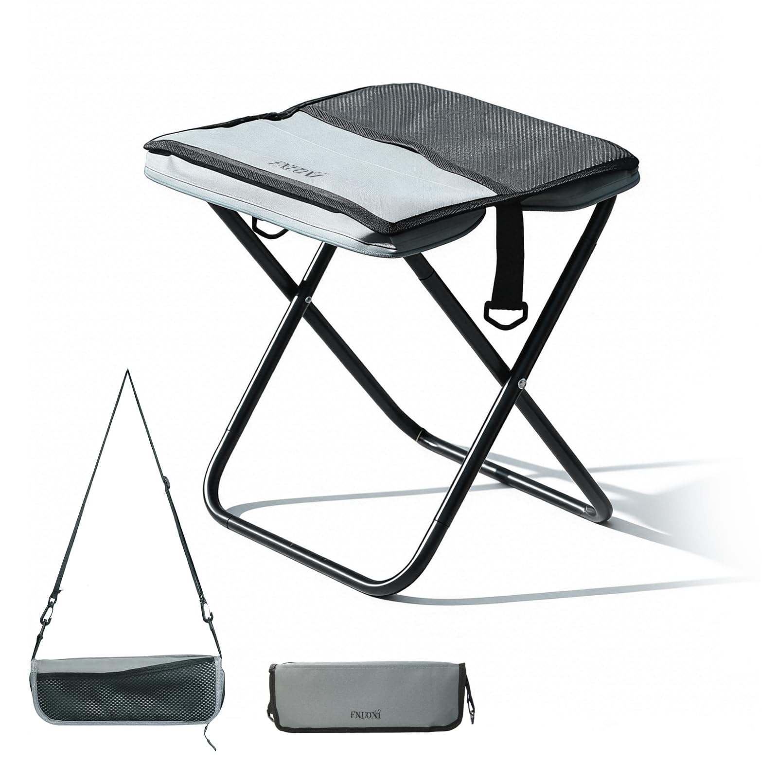 Photo 1 of 2-in-1 Portable Folding Stool with Crossbody Carry, Converts to Bag with Mesh Storage, Oxford Fabric High-Carbon Steel, for Camping Fishing, Medium Size 24x30x30cm, Gray Color