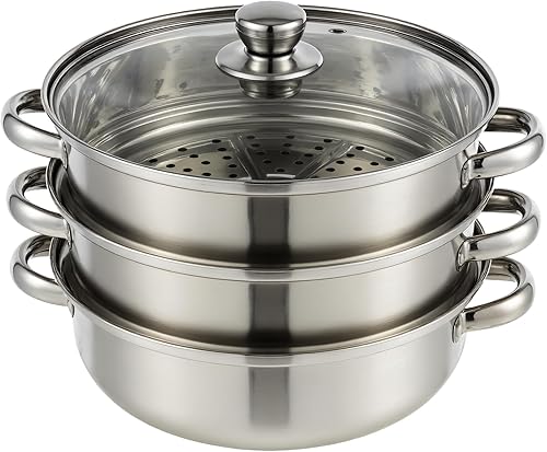Olla de vapor de acero inoxidable de 3 niveles con tapa, ollas de vapor multiusos para cocinar, juego de vapor de verduras y albóndigas con asas