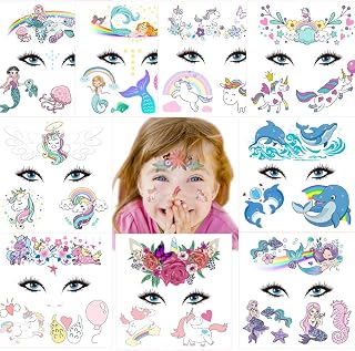 Temporary Tattoos Kids, Face Tattoos Stickers For Kids 10 Sheets Unicorn Mermaid Party Favors Waterproof Tatouage Temporaire Enfant Fake Tattoo For Birthday Unicorn Mermaid Baby Showers Parties Gifts (A)
