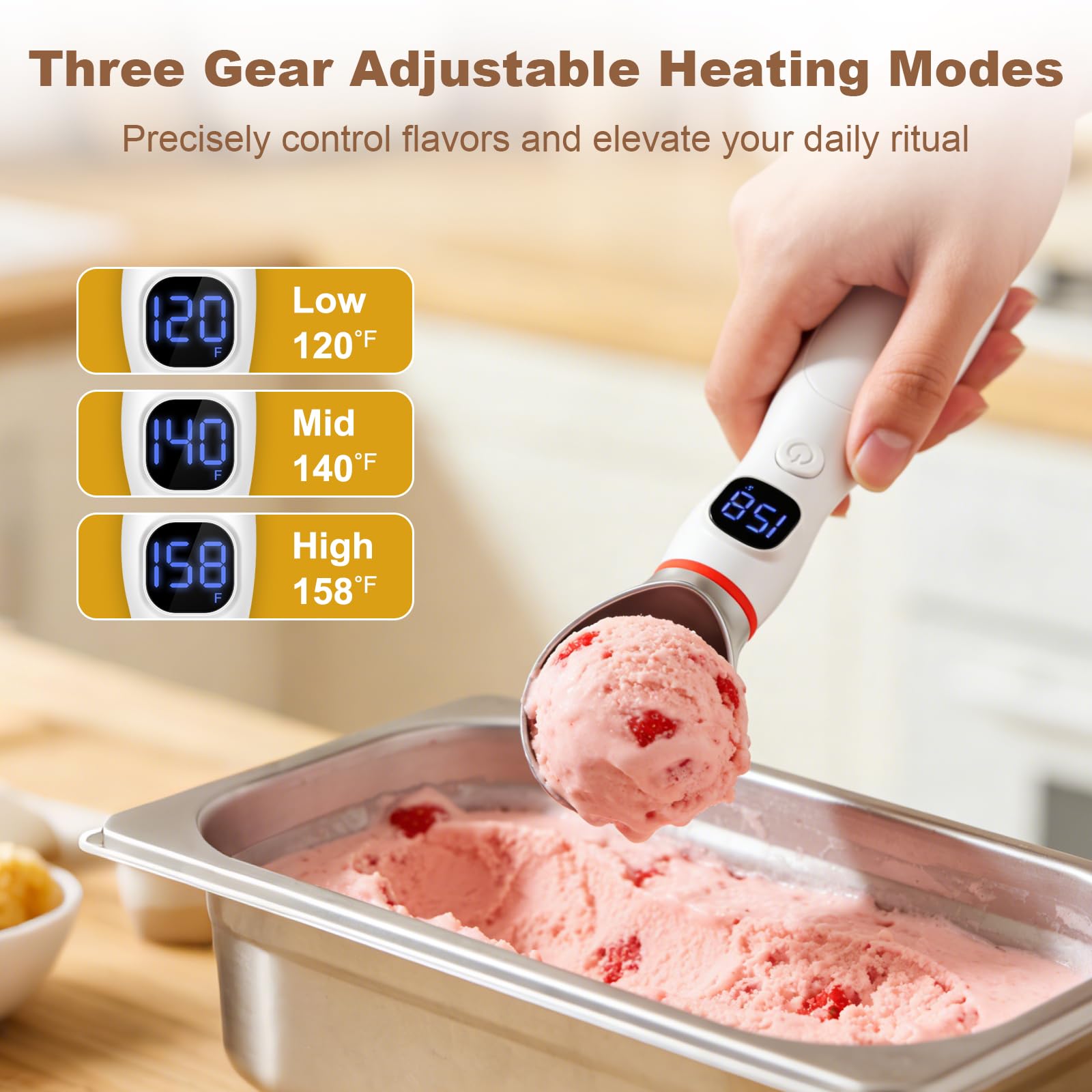 Cuillère à glace chauffante rechargeable, électrique 4000 mAh avec 3 niveaux de chaleur réglables et affichage LED, accessoire de cuisine pour glace dure, étanche IP67, avec voyant lumineux
