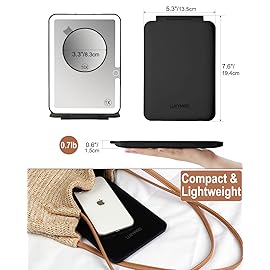 LUKYMIRO Rechargeable Travel Makeup Mirror with Lights, Portable Lighted Vanity 10X Magnification, 70 LEDs 3 Color Dimmable Touch Screen, Tabletop Folding Compact Cosmetic (Black)