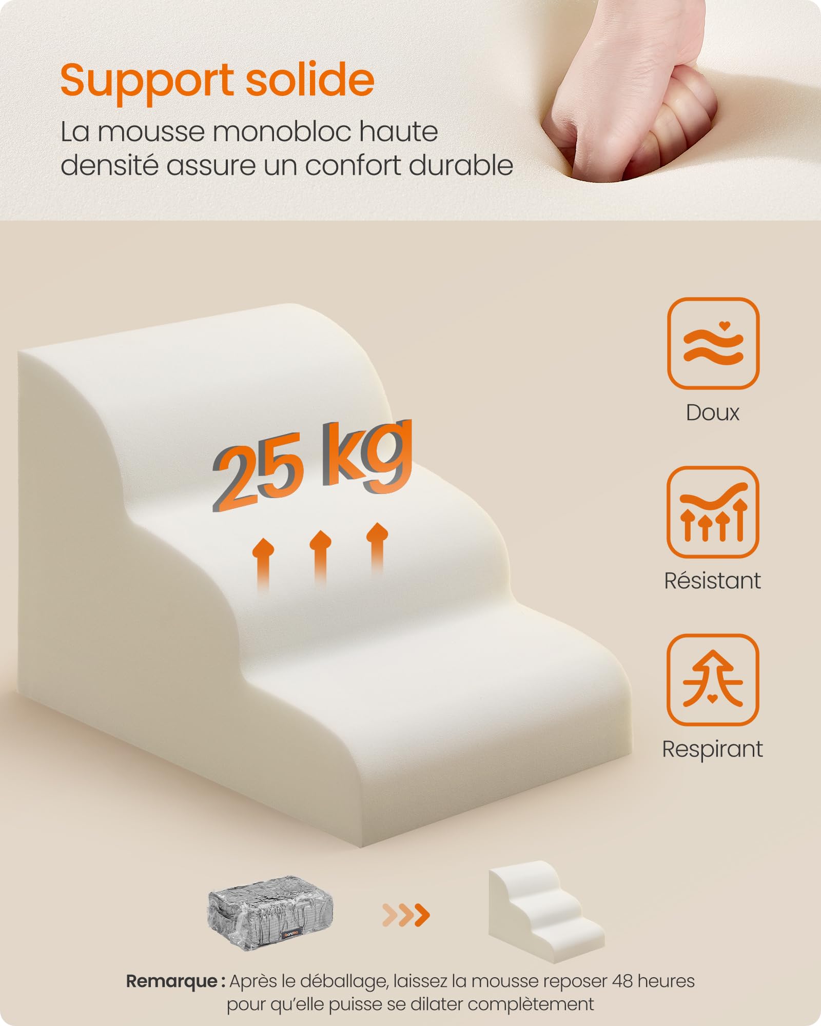 Feandrea Escalier pour Chien, à 3 Marches, Velours Gaufré, Marches pour Chien, Lit, Canapé, Imperméable, Design Antidérapant, Pente Douce, Housse Amovible Lavable, Poignée, Gris Tourterelle PPS013GD01 | Antidérapant avec faible pente, housse lavable pour