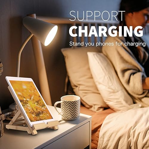 Miniatura 4 de Soporte de bambú para tableta, soporte plegable ajustable para iPad de madera con orificio cargable para escritorio y cocina (Tableta A)