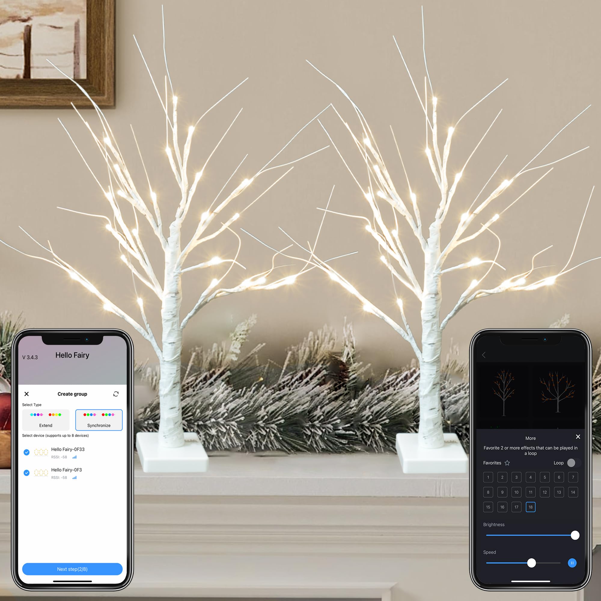 2Pack 2FT Smart Birch Tree with LED Lights - APP Controlled, 18 Modes, Dimmable, Timer, Music Sync, Warm White LED for Indoor Christmas Decorations Tabletop Centerpiece, Wedding Valentine’s Day Decor