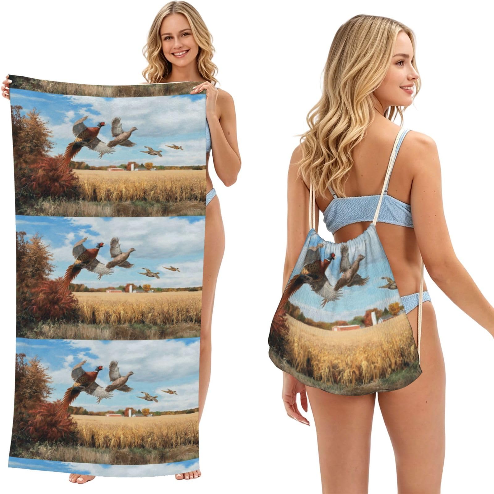 Poadnly As Picture Duck Hunting Animal, 2 In 1 Packable Towel Bag, Beach Towels With Drawstring Backpack For Travel Holiday Camping