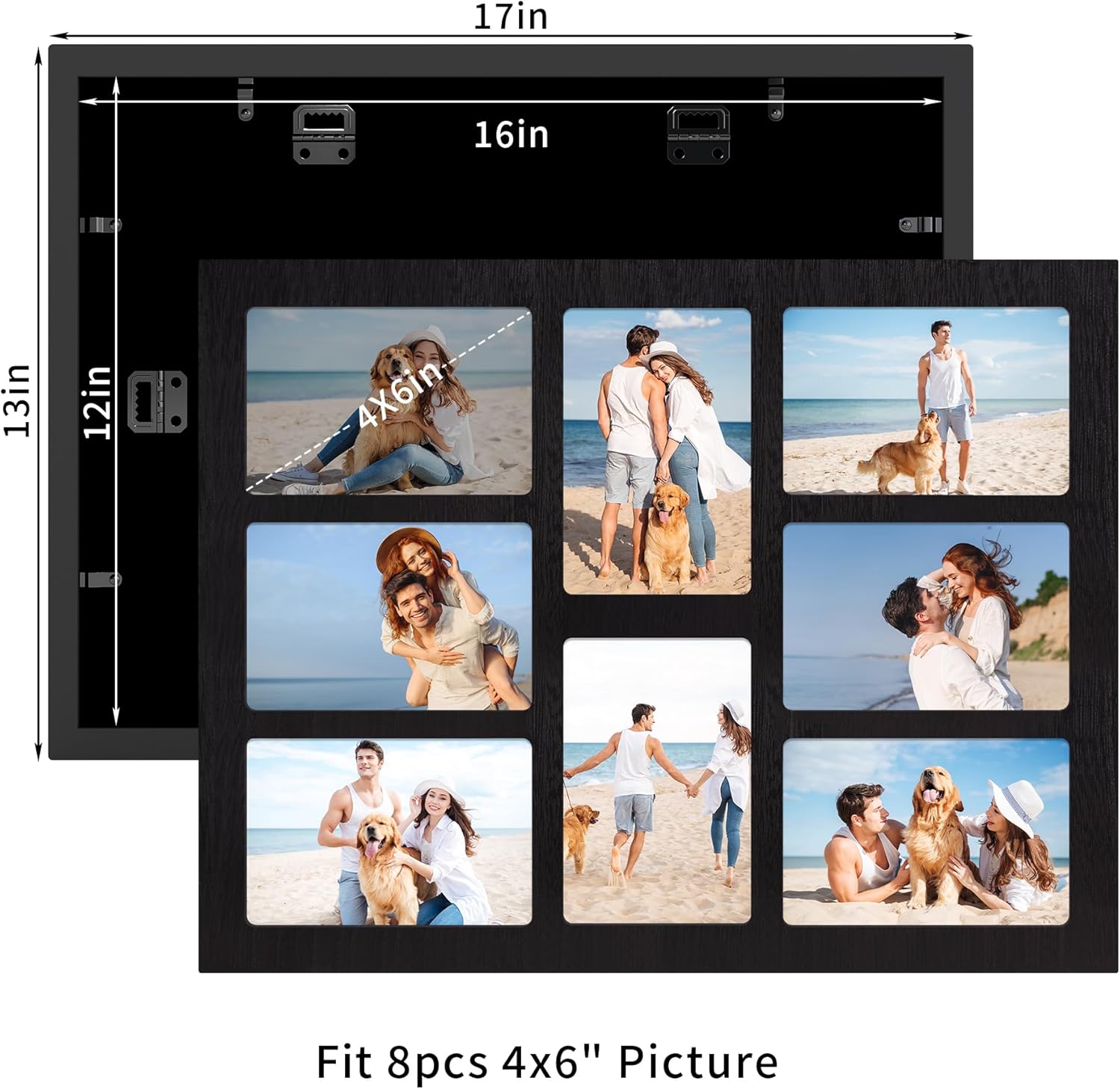 YESKAY 4x6 Collage Picture Frame - 8 Opening 4 x 6 Photo Frames Display,Multiple Family Photo Collage Frames with Real Glass for Wall Decor,Rustic Black 1 Pack(OD:13X17in)