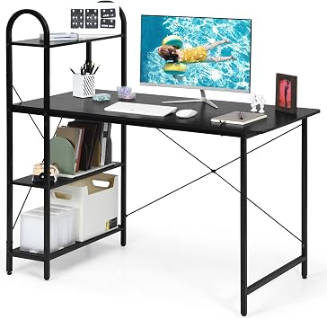 Tangkula 48-Inch Reversible Computer Desk with Storage Shelves, Home Office Study Writing Desk with Bookshelves, Writing Computer Workstation, Home Office Desk Black