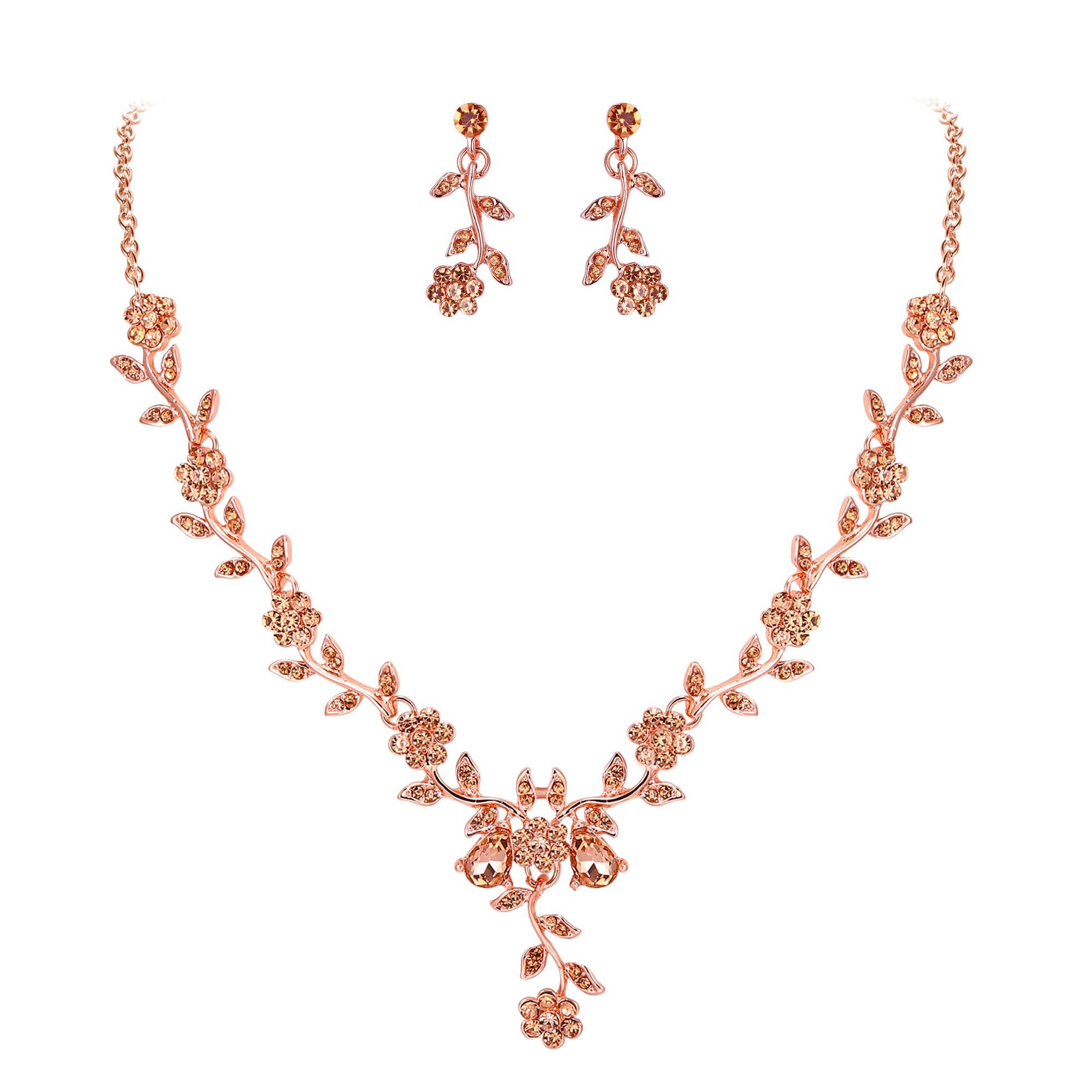 Clearine Juegos de Joyas Conjunto de Joyería de Boda Collar con Colgante de Cristal de Flor de Racimo de Hojas, Conjunto de Aretes Colgantes