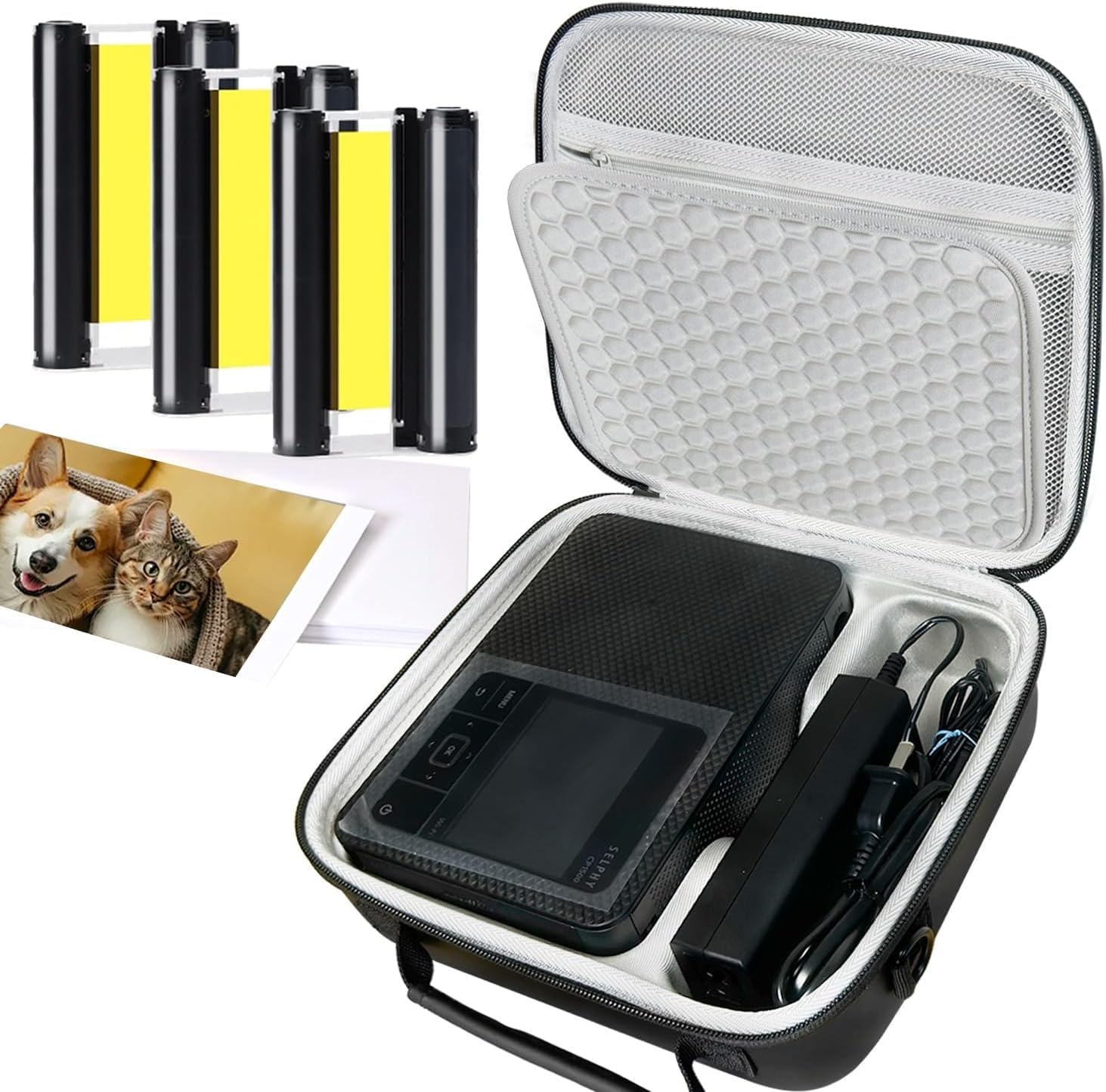 Kompatybilny z Canon Selphy CP1500 tusz i papier oraz twarde etui, KP-108IN KP108 3 wkłady atramentowe i 108 arkuszy papieru fotograficznego 4x6 i Black Case do Selphy CP1500 CP1300