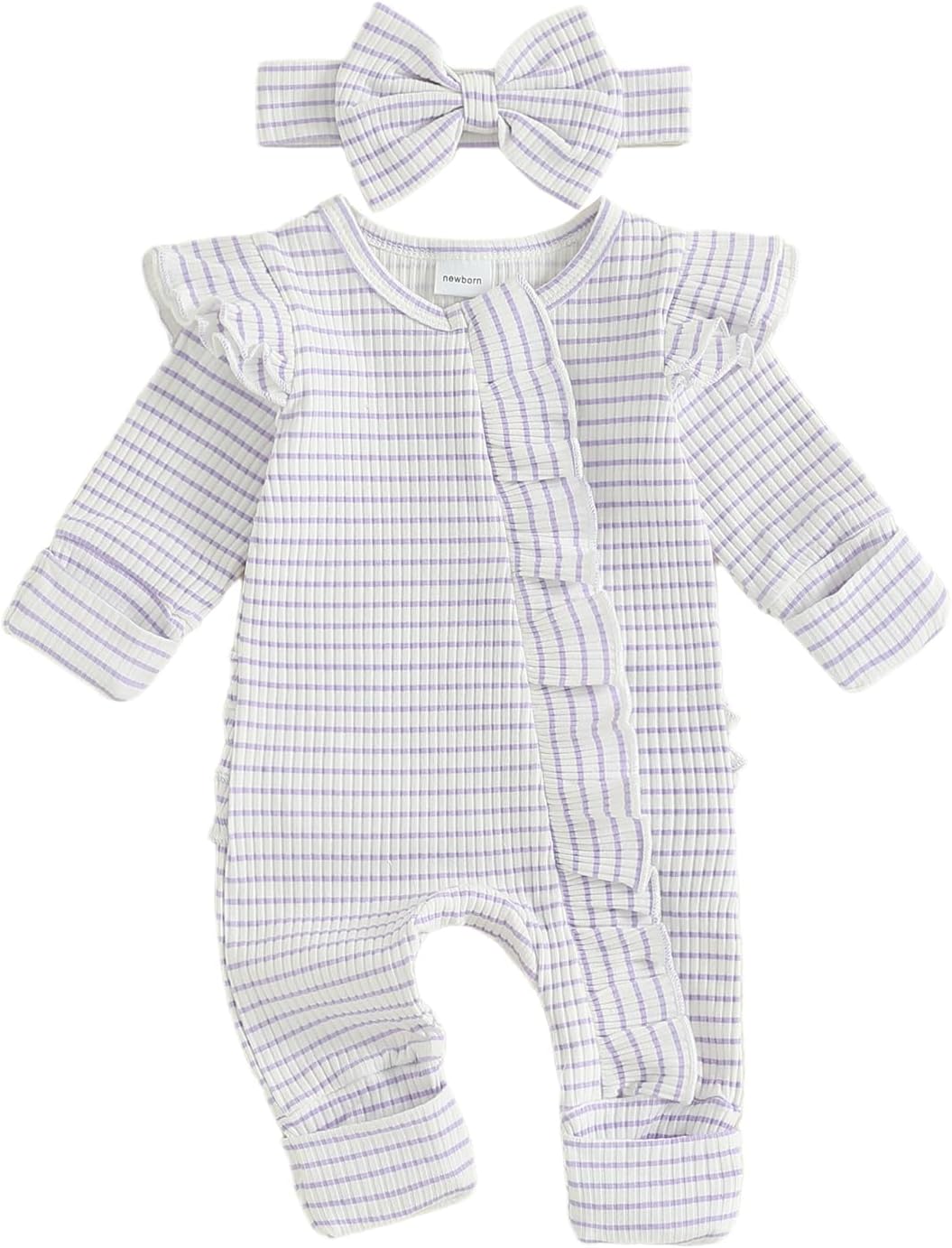 Baby Girl Coming Home Outfit Newborn Ruffle Onesie Long Sleeve Zipper Romper Jumpsuit Cute Clothes+Headband