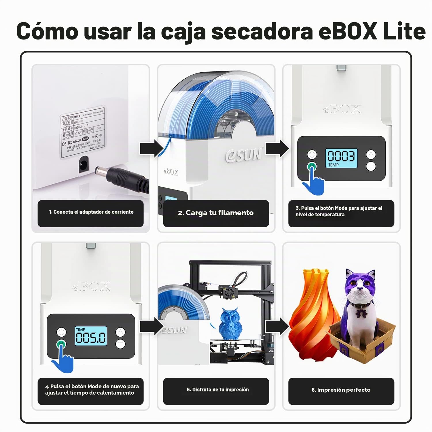 eSUN eBox Lite Actualizado Caja Secado de Impresora 3D Filamento, Caja Secadora Almacenamiento, Mantener Filamento Seco Durante Impresión 3D, Compatible con Filamento PLA PETG ABS, Soporte de Carrete