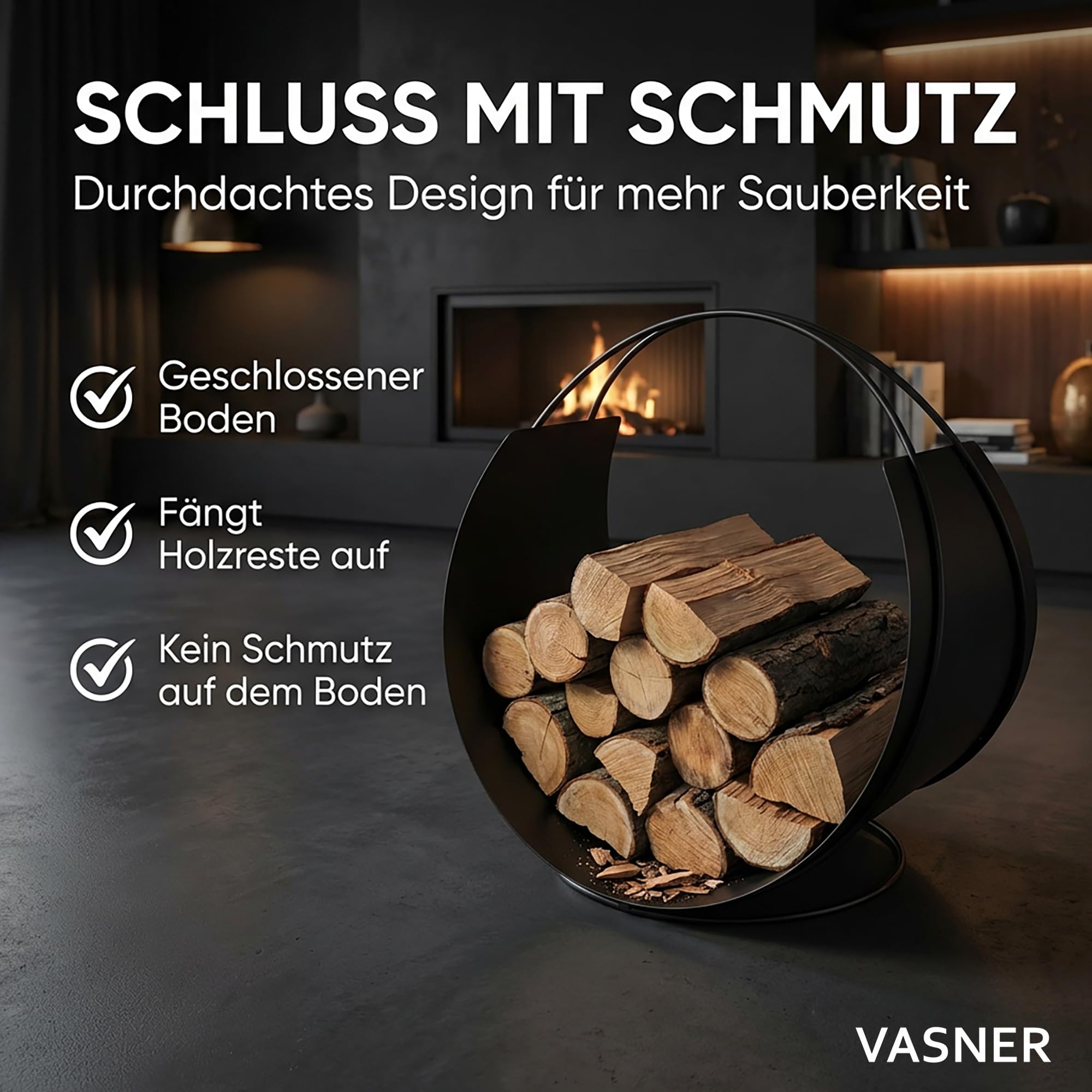VASNER Situro S1/S2 Holzkorb – Kaminholzkorb Metall rund – Holzkorb für Kaminholz – Kaminholz innen & außen – Feuerholzkorb modern – 58 x 58 x 38 cm - schwarz