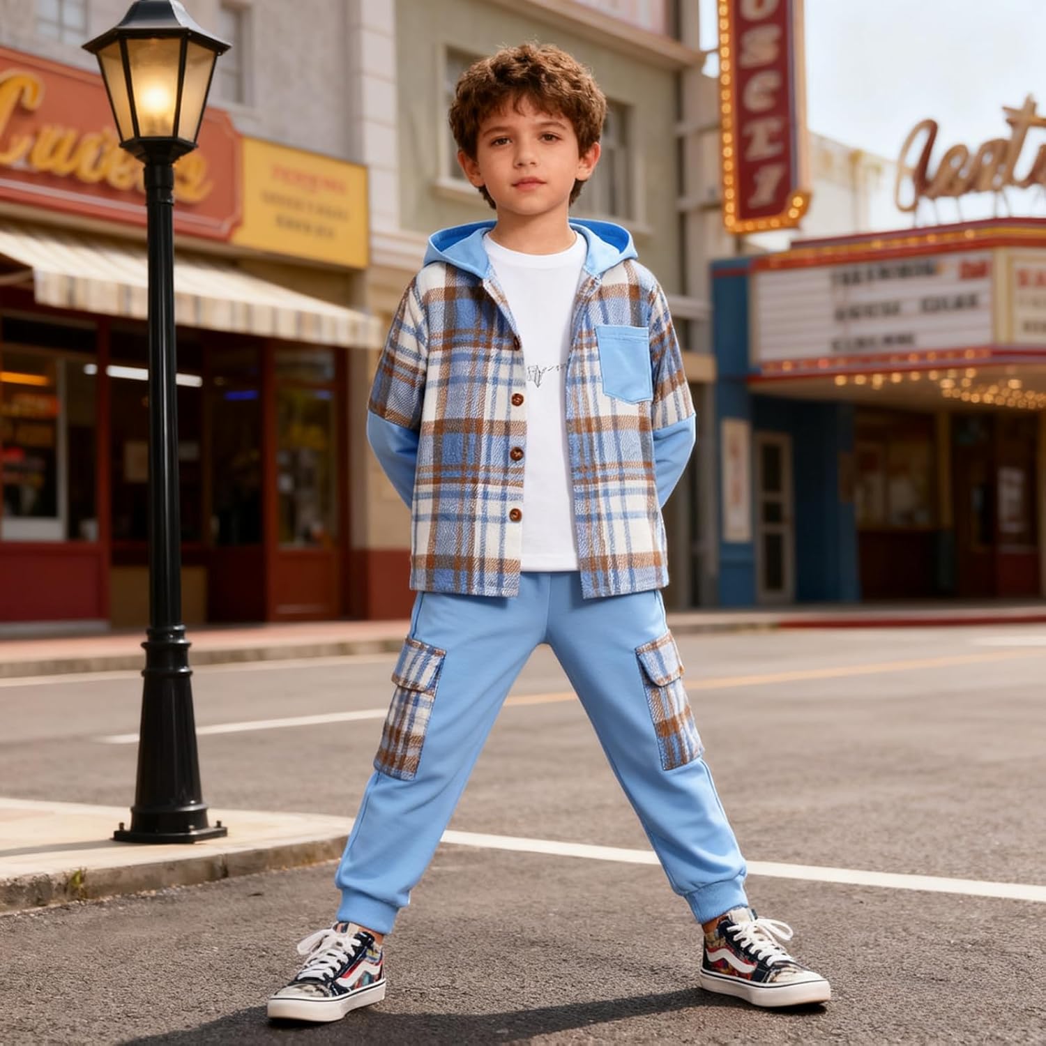 Size 4-11 Years Boys Clothes Flannel Plaid Shirt Hooded Sweatshirt & Pants 3PCS Kids Boys Fall Winter Outfits Sets - Image 2