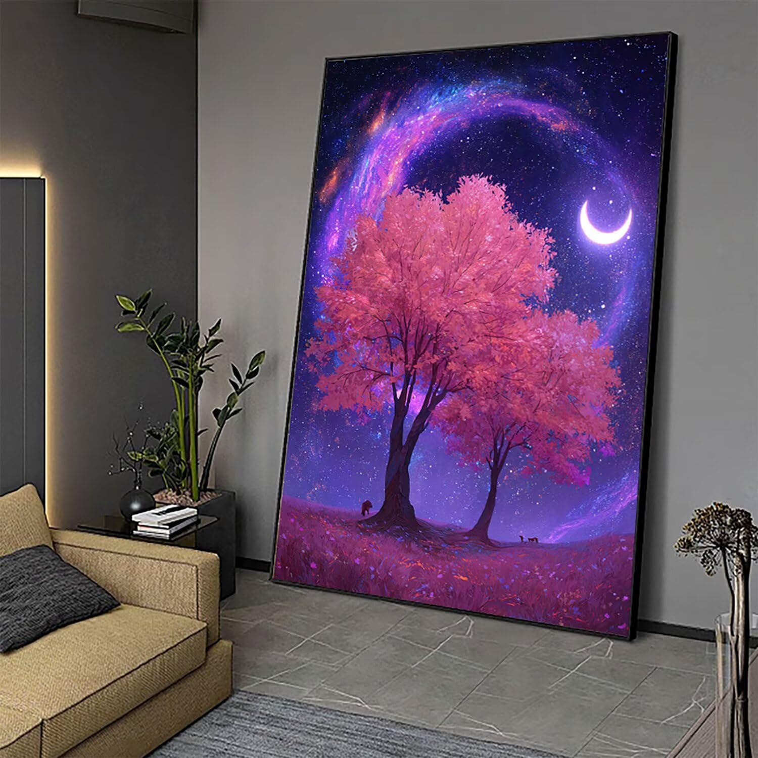 Obraz diamentowy duży 90 x 60 cm księżyc malarstwo diamentowe kompletny zestaw, DIY pełne wiertło drzewo mozaika kryształ górski malarstwo diamentowe, kryształowa sztuka malarstwo kreatywne koraliki