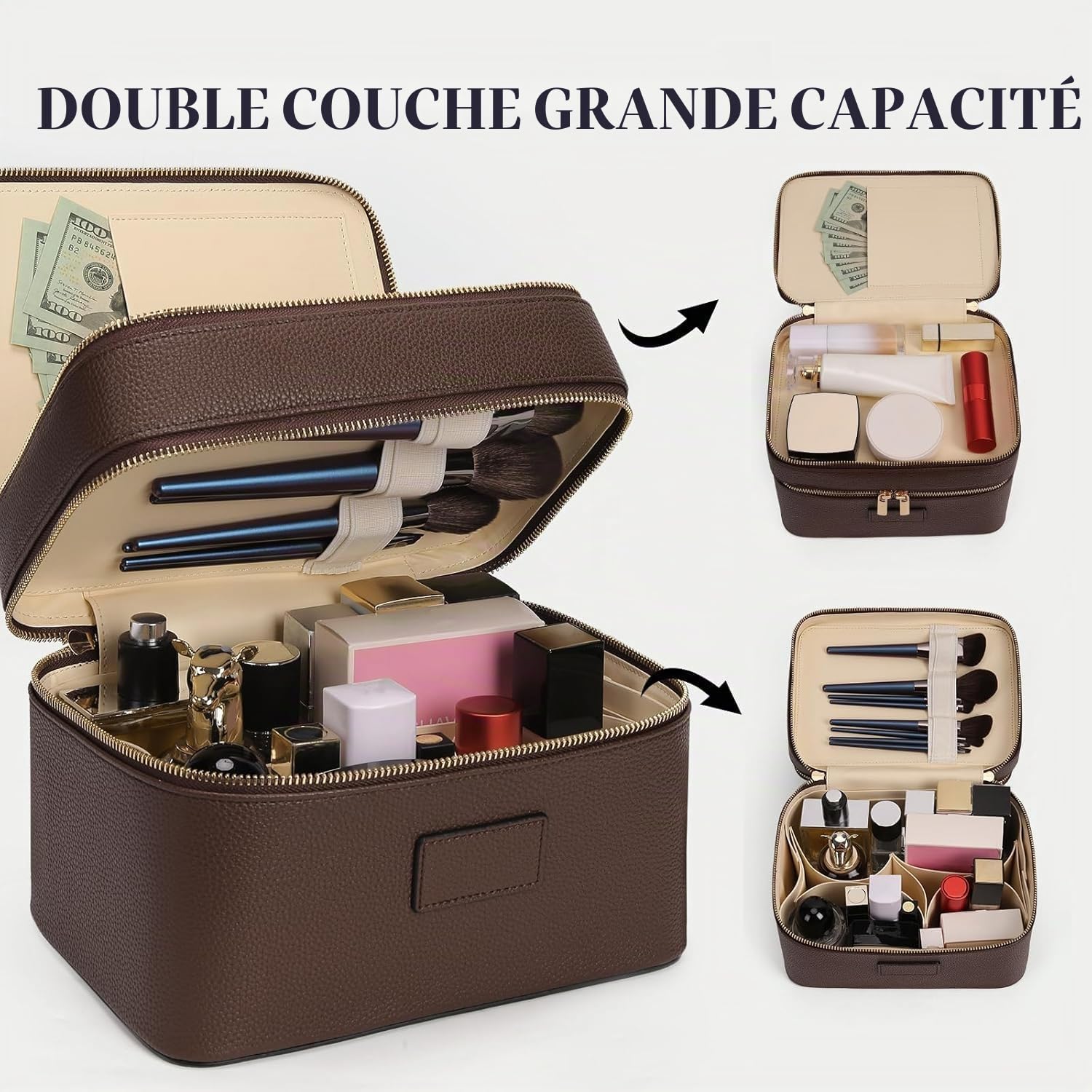 Vanity Maquillage en Cuir Double Couche Femme, Grande Trousse de Maquillage Voyage avec Compartiment Amovible, Trousse de Toilette Imperméable Portable