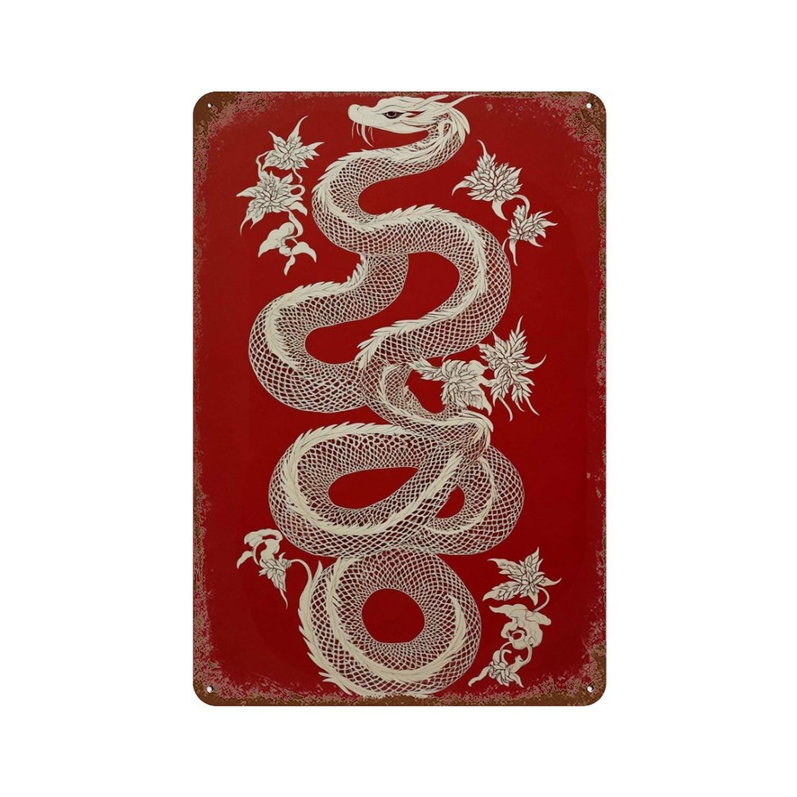 xiaoxiaoshen Red Dragon Oriental Serpent with White Detailing Asian Mythology Inspired Modern Wall Decor Art Metal Tin Poster Modern Home Decor Art Home Bar Shop Decorations Vintage Sign 30x20cm