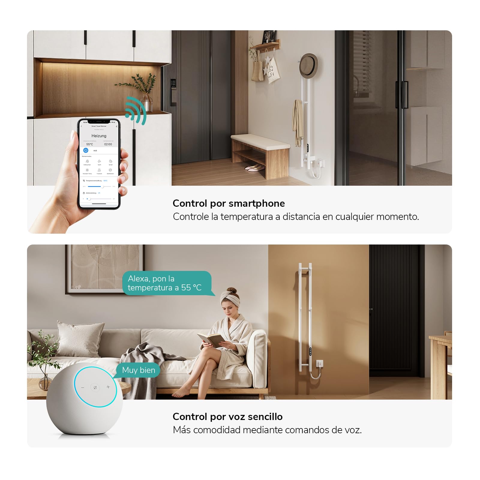 EMKE Toallero Eléctrico Inteligente Bajo Consumo, 120x12 cm,Blanco | Radiador Toallero WiFi de Fibra de Carbono, Termostato 30-70°C, Programable, de Pared,6 modos