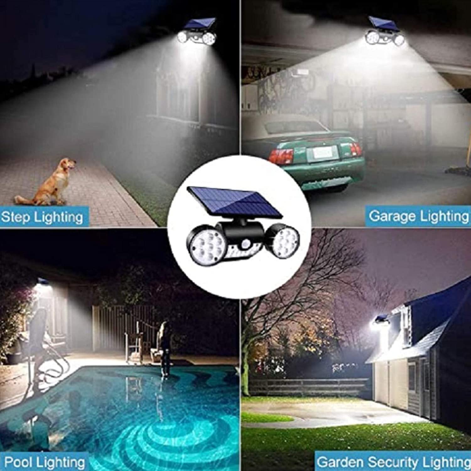 Luz Solar Para Exteriores Con Sensor De Movimiento De 30 LED Focos De Doble Cabeza IP65 Impermeables Ajustables En 360 ° Luces De Pared Solares Para Inundación (2 Piezas)