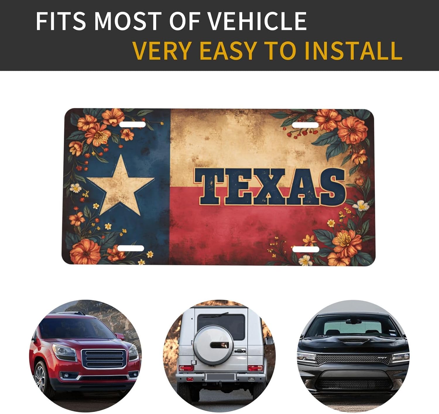 Texas Floral License Plate - 12x6 Aluminum Vintage Lone Star Flag Flowers Decorative Front Car Tag Rustic