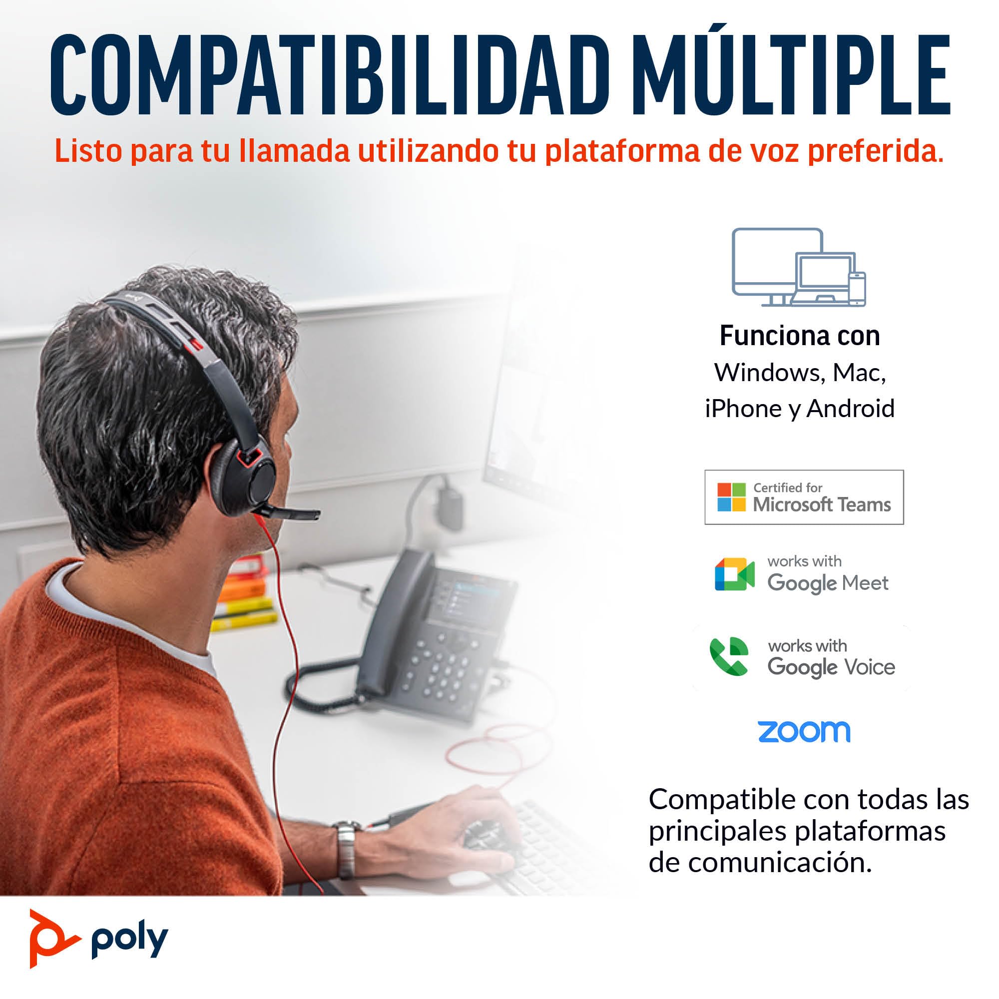 Auricular Poly Blackwire 5210 con cable (Plantronics), Micrófono de brazo flexible con cancelación de ruido, Diseño monoaural, Conexión a PC o teléfono móvil mediante USB-C, USB-A o conector de 3,5 mm