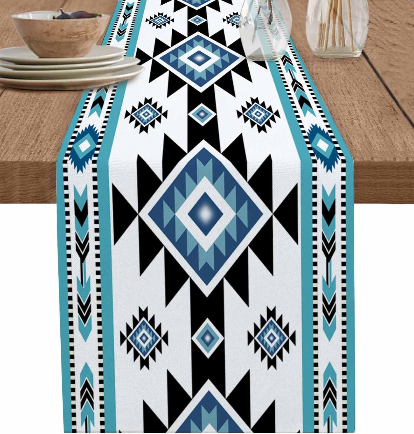 Boho Western Table Runner 90 Inches Long for Dining Table, Cotton Linen Farmhouse Table Runner Washable Coffee Table Runners Dresser Scarf for Kitchen Party Blue Southwest Native American Tribes