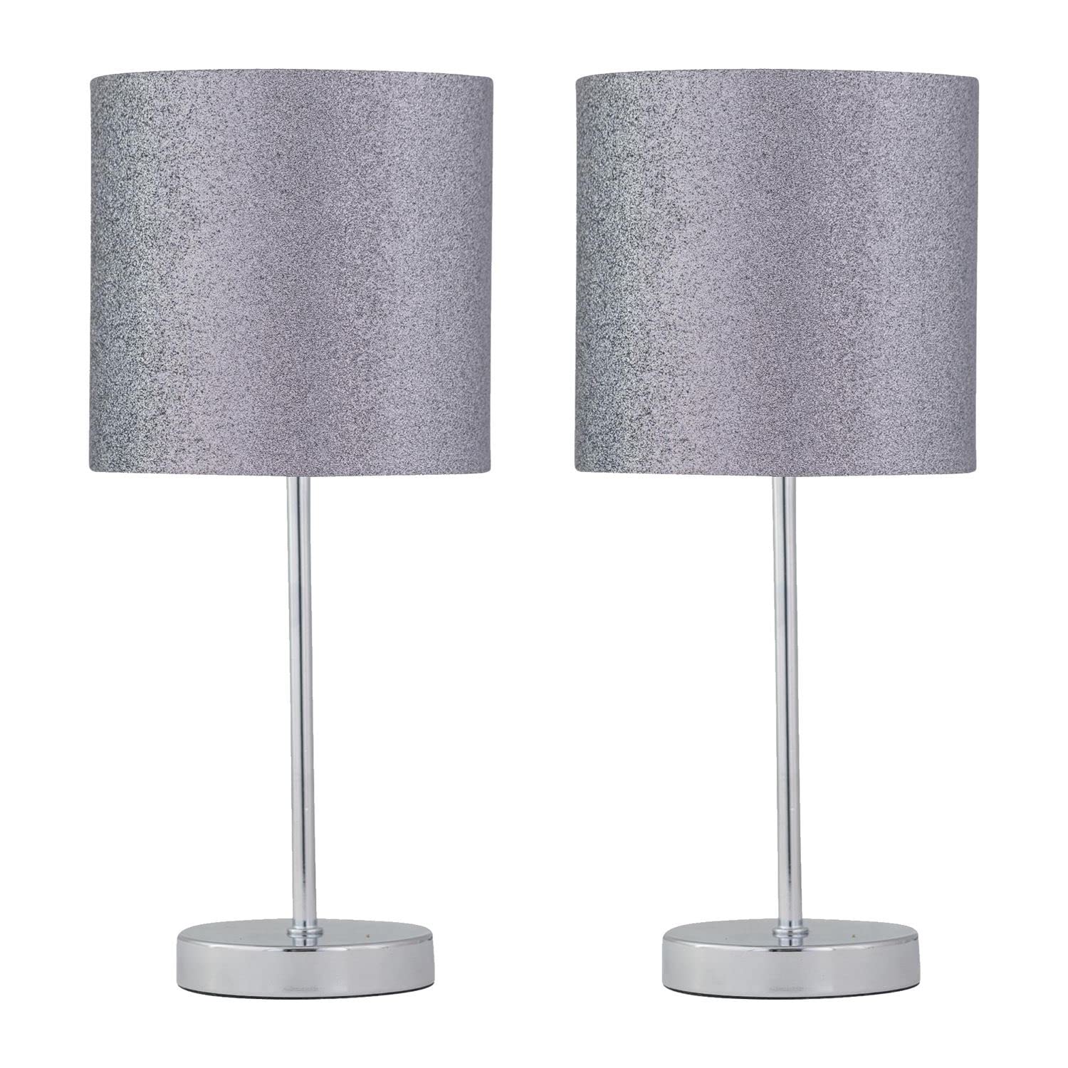 firstchoicelighting Set of 2 Polished Chrome Table Lamps or Bedside Lights, Modern Design, Silvery Grey Glitter Shade, Height 35cm, LED Compatible