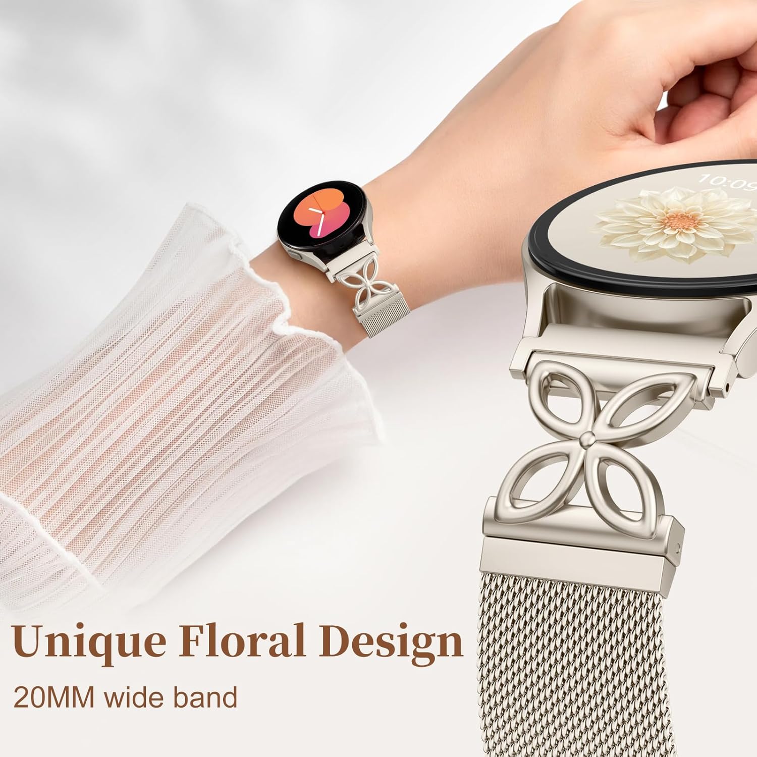 Getino Magnetic Metal Strap Compatible with Galaxy Watch 7 Band, Galaxy Watch 6 Classic Band FE 5 Pro 4 Active 2, 20mm Milanese Floral Dressy Wristband for Samsung Watch Bands Women 40mm 44mm 45mm - Image 3