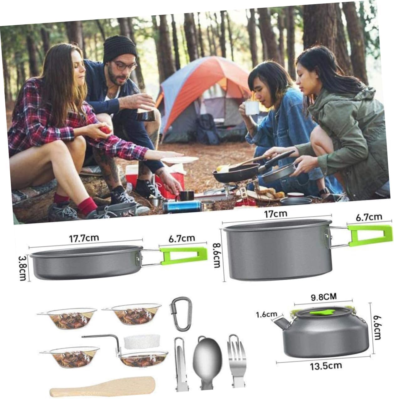 Kisangel 1set Portable Camping Cookware Lightweight Non-Stick Outdoor for Hiking Picnics and Camping Includes Pot Frying Pan Tea Kettle and Utensils