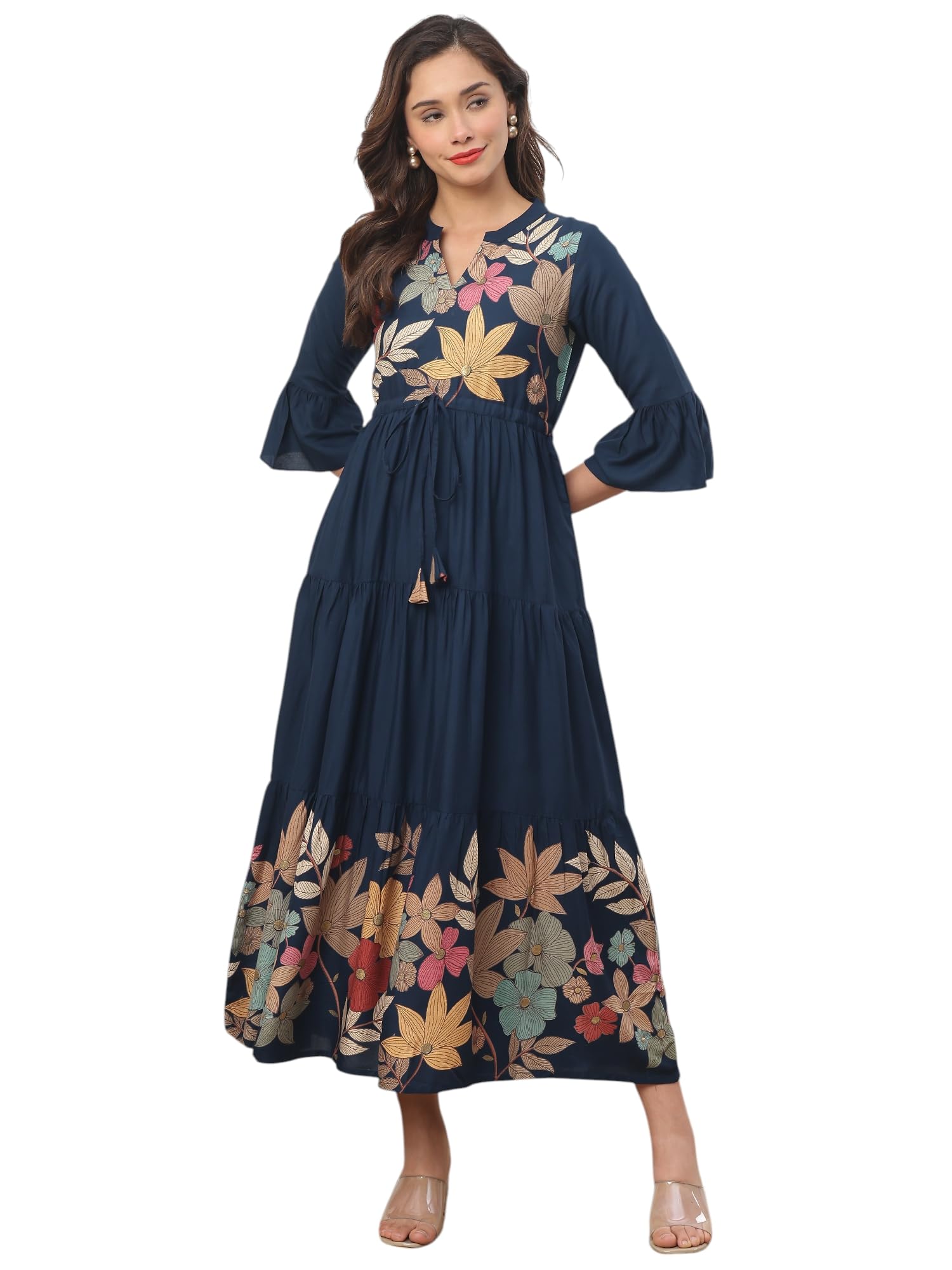 claura Women's Navy Blue Floral Embroidered Maxi Dress with Bell Sleeves, Tiered A-Line Silhouette-picture-35