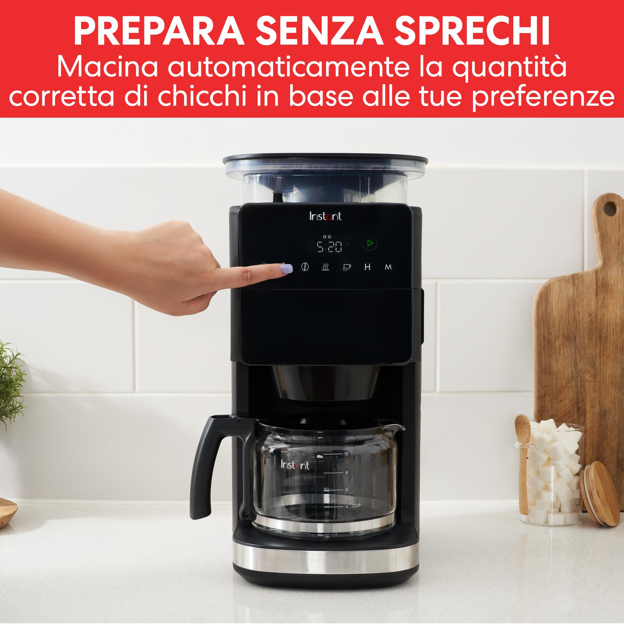 Caffettiera Instant® Grind & Brew, Programmabile per 24 Ore, 12 Tazze, Macinino in Grani Regolabile Incorporato, Filtro Riutilizzabile, Filtro per l'acqua, Caraffa di Vetro, Mantenimento in Caldo