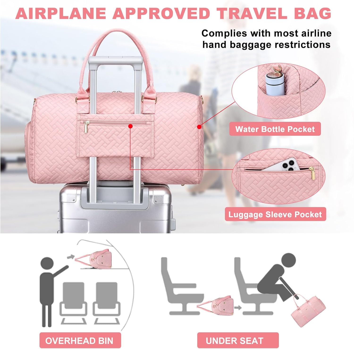 Women Weekender Travel Duffle Bag: Travel Duffel Overnight Bags with Shoe Compartment Large Carry on Tote with Toiletry Bag Weekend Traveling Yoga Gym Hospital Bag for Women with Wet Pocket Pink - Image 8