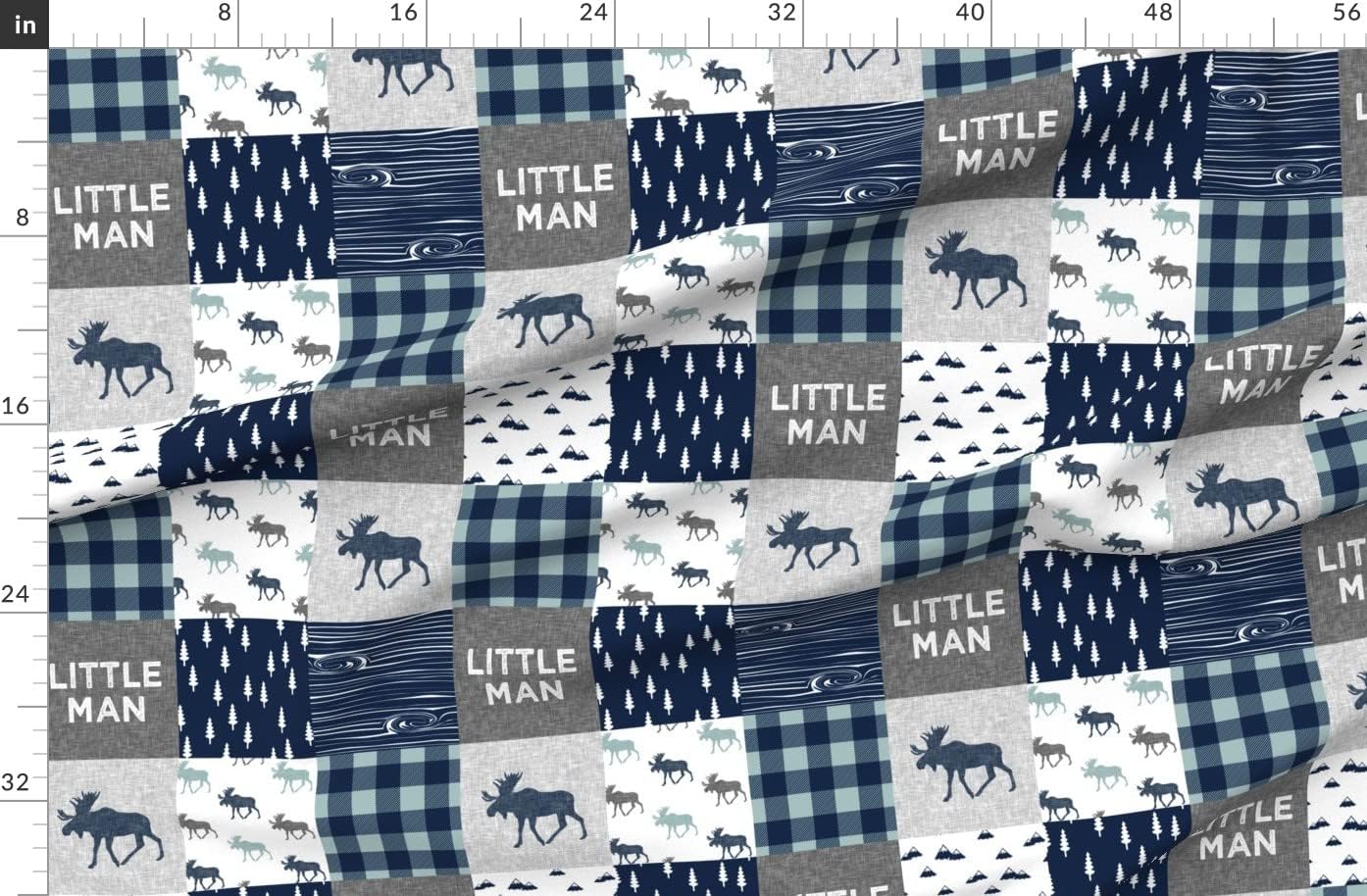 Spoonflower Fabric - Little Man Patchwork Navy Dusty Blue Grey Moose Woodland Plaid Printed on Organic Cotton Sateen Fabric by The Yard - Sewing Quilting Apparel Home Decor