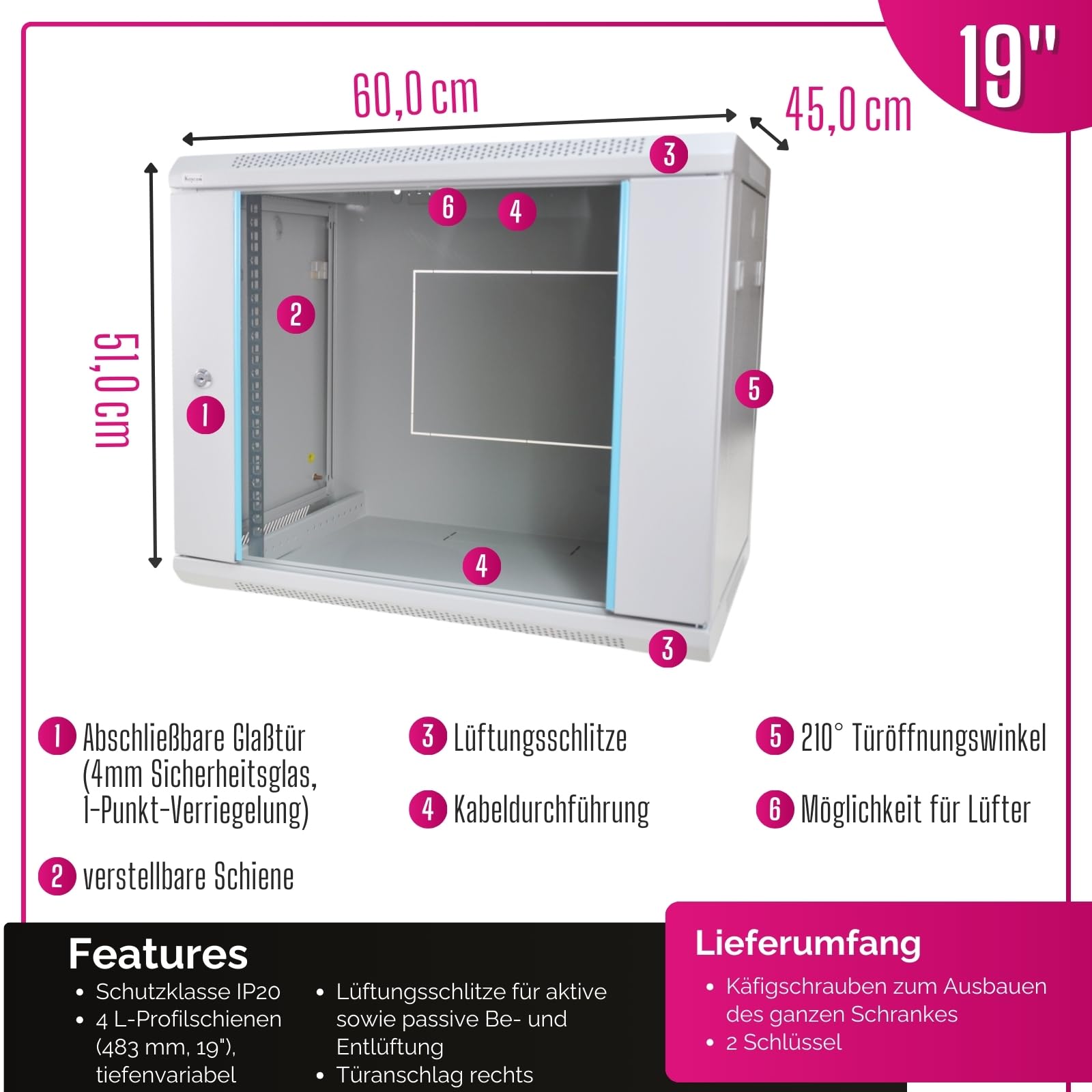 Premium Netzwerkschrank 9 HE I Serverschrank 19 Zoll | Wandmontage 600 x 450 x 510 mm I voll montiert I Server Gehäuse mit abschließbarer Glastür I Traglast 60 kg I Grau