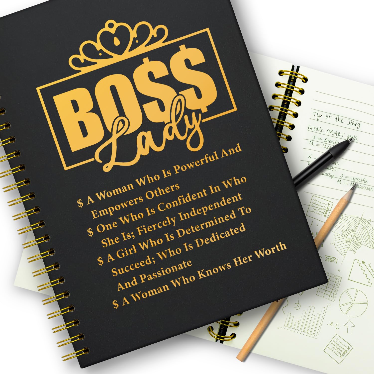 XKZGSZB Boss Lady Writing Notebook, Funny Boss Lady Gold Foil Hardcover Spiral Notebook, 160 Pages, Best Boss Lady Gift, Boss Lady Appreciation Gift, Boss Mentor Leader Retirement Farewell Gift