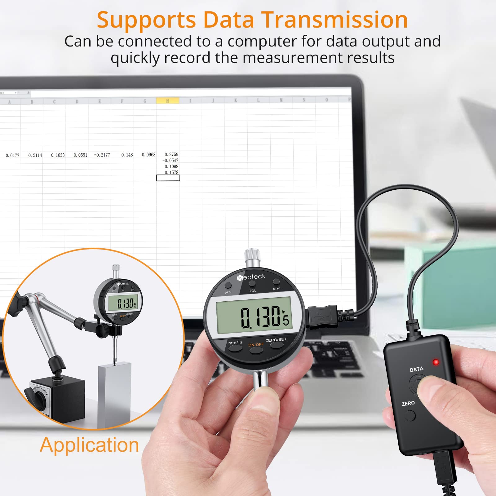 Neoteck Reloj Comparador0.01/0.0005'' Indicadora de Dial Digital y base magnética con Cable de Datos y Función de Tolerancia Conversión de Pulgadas/Métrica 25,4mm para Laboratorio Taller Impresoras 3D