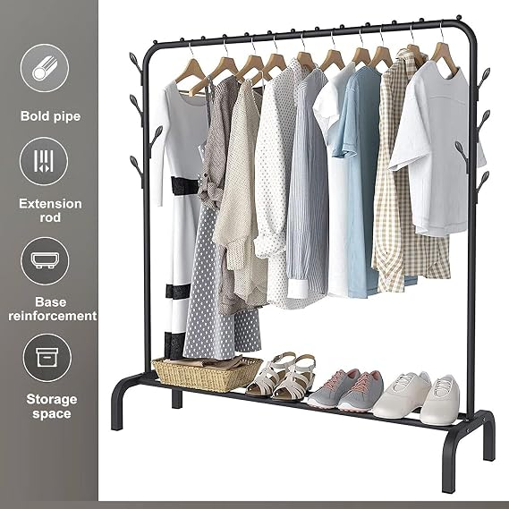 Heavy Duty Clothes Rail - Sturdy Black Metal Rack with Double Hanging Rods, Shoe Rack Shelf, 4 coat hooks, Freestanding Wardrobe Rail for Bedroom, Shop - Black Clothing Rail Rack (Without Wheels)
