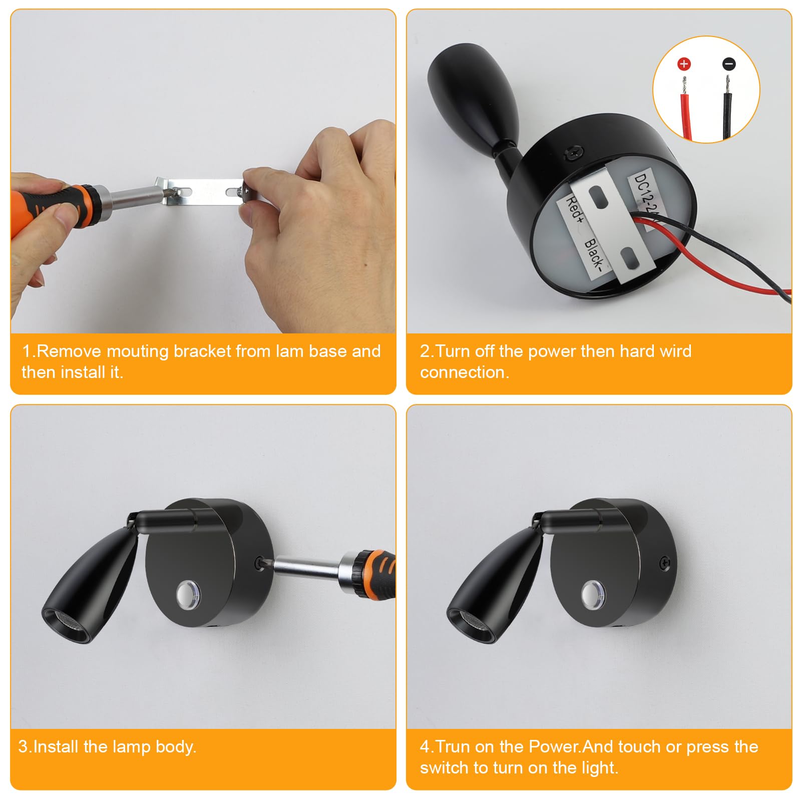 ERWEY 2er 12V LED Leselampe Wohnmobil, Stufenlose Helligkeit & 3 Farbtemperatur Modi Bettlampe, Wandlampe mit Ladefunktion USB A+C-Anschlüssen, für Auto Van Wohnwagen Innenbeleuchtung, Schwarz