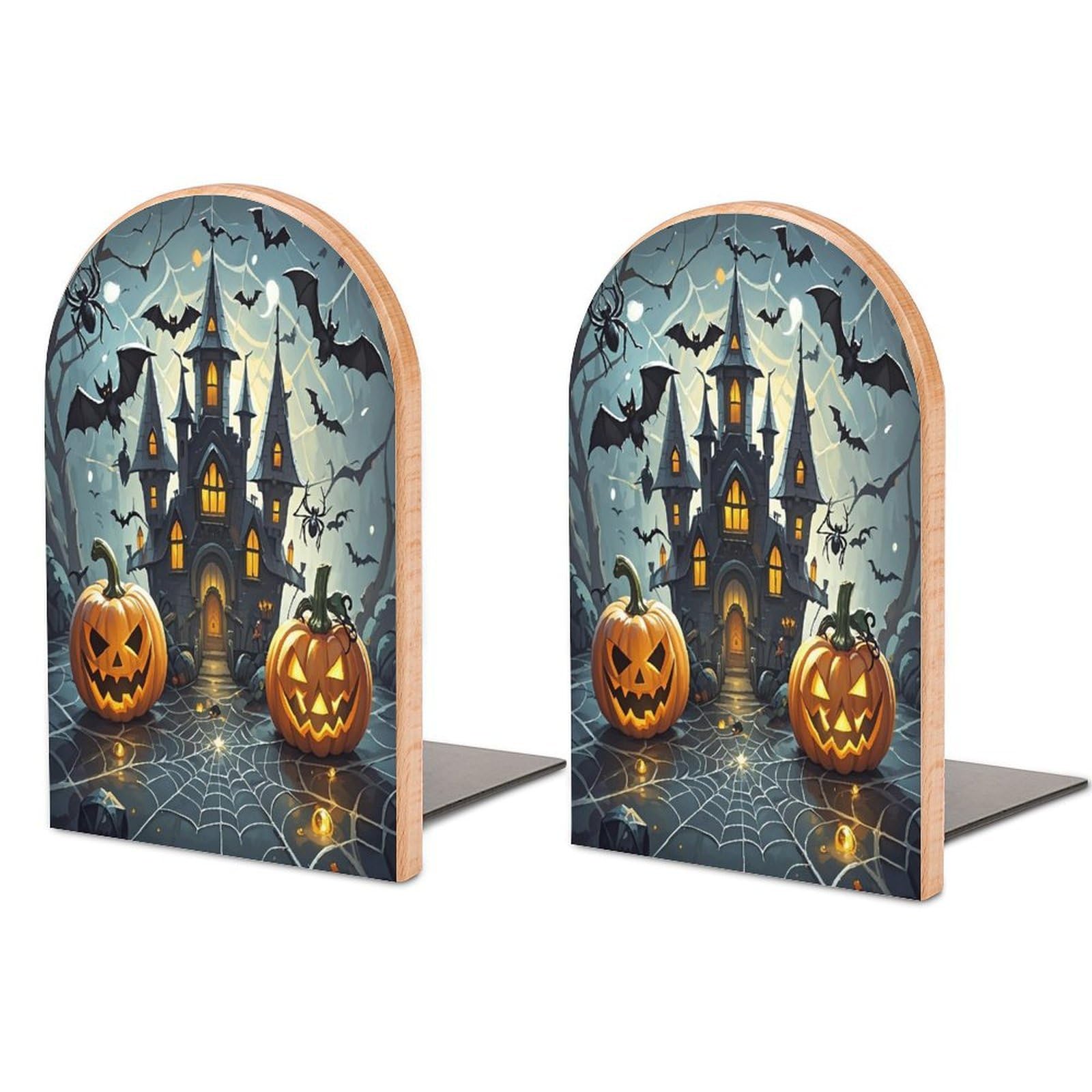 Pumpkin Lantern Castle Book Ends Wood Non-Skid Bookend for Shelves Heavy Duty Bookends with Metal Base Decorative Books Stopper Desk Organizers Book Dividers for Office Home 1 Pair