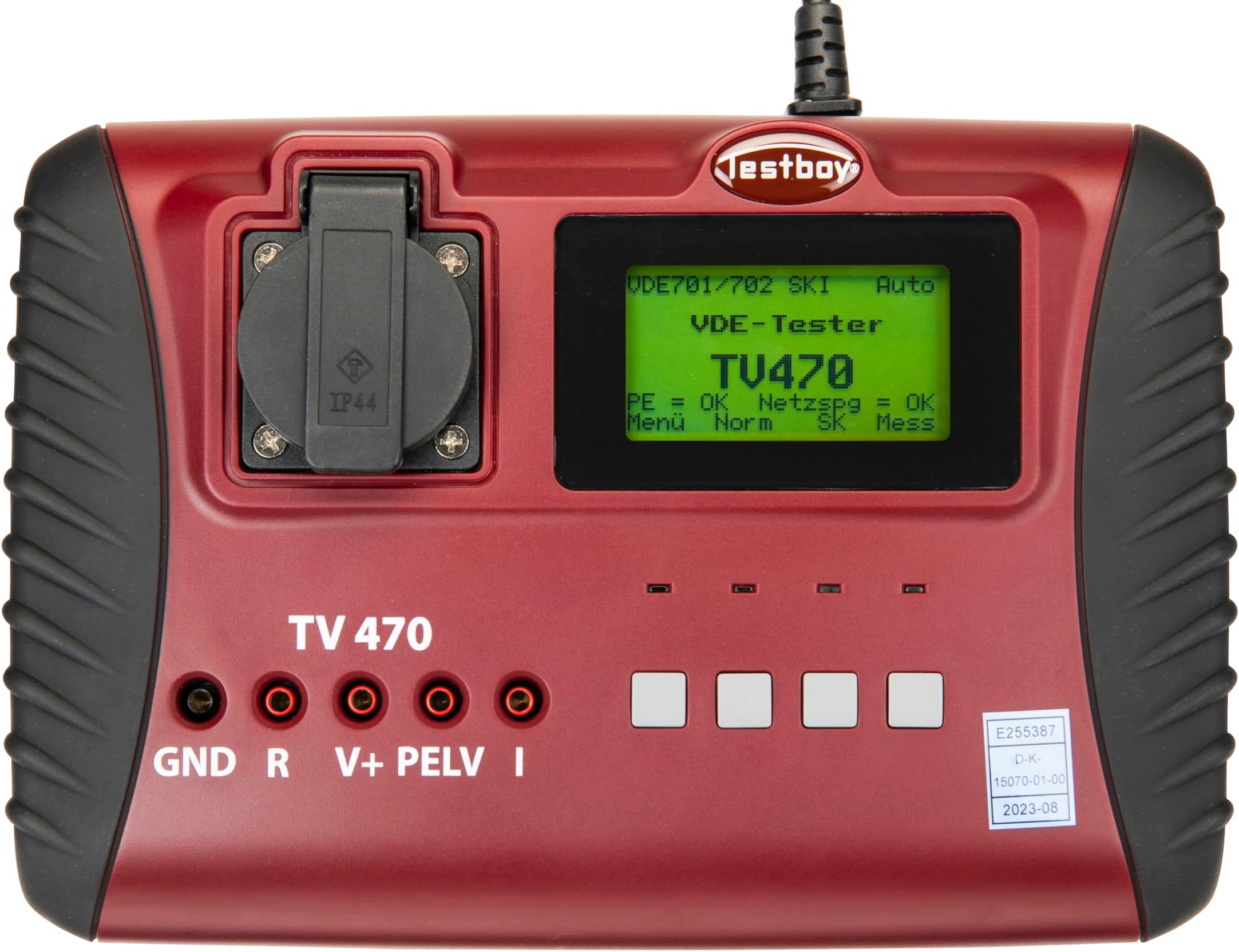 Testboy TV 470 VDE tester DIN 0701/0702/EN 62353, appliance tester (good/bad statement, help screen for each measurement, barcode reader, protocol software, DAkkS calibration certificate), red/black