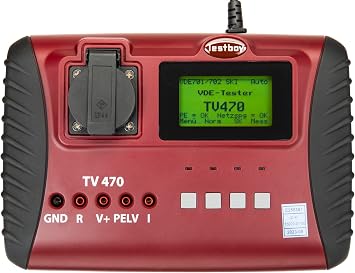 Testboy TV 470 VDE tester DIN 0701/0702/EN 62353, appliance tester good/bad statement, help screen for each measurement, barcode reader, protocol software, DAkkS calibration certificate, red/black