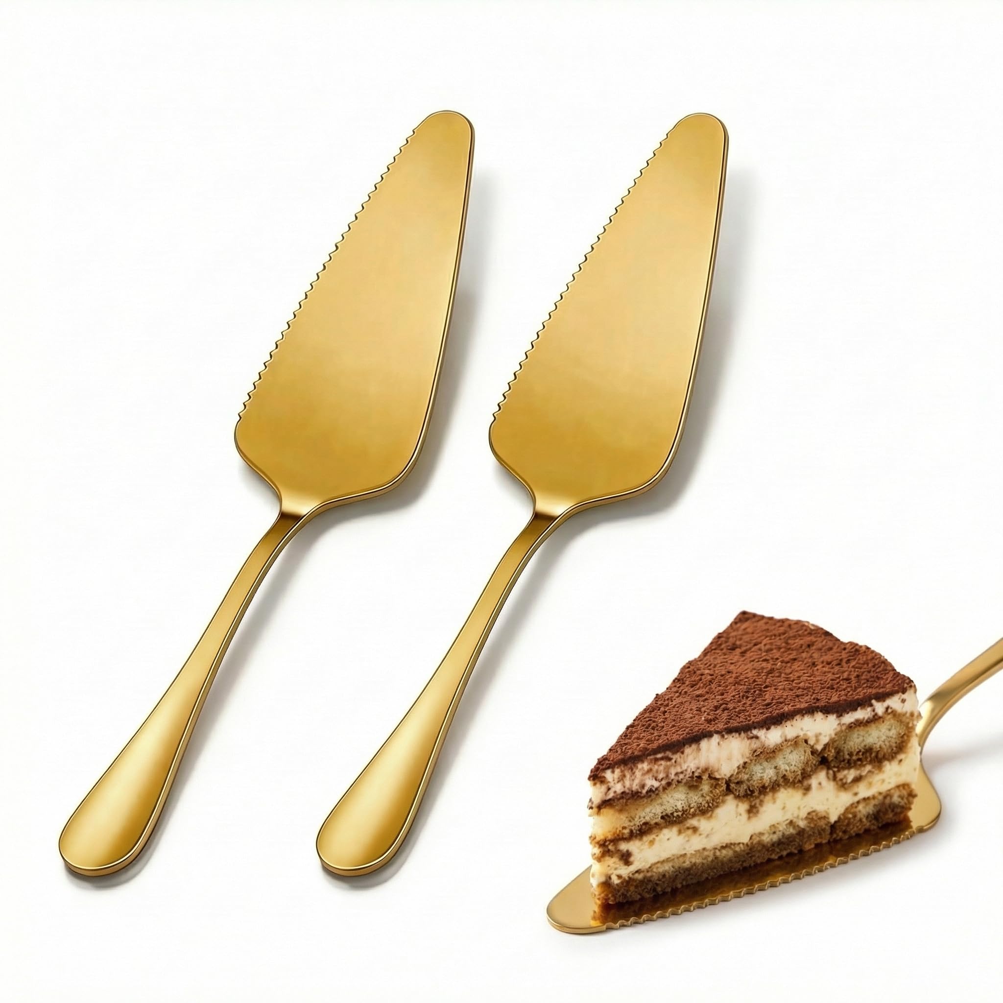 Photo 1 of CiiVii Gold Cake Knife and Server Set of 2, 9" Stainless Steel Serrated Cake Cutter and Spatula for Cutting & Serving Wedding Cake, Dessert, Pie, Pizza - Dishwasher Safe Cake Cutting Set