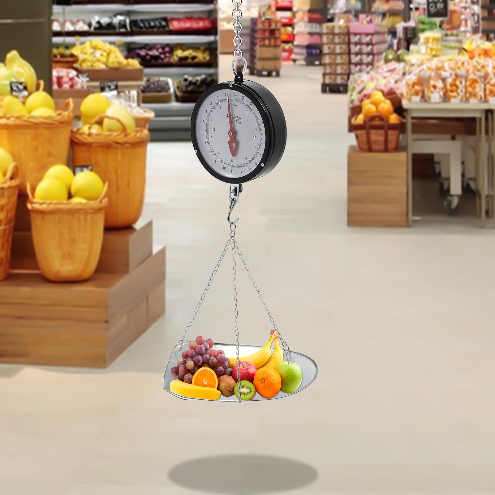 Double-Sided Dial Hanging Scale, 22LBS Mechanical Hanging Scale Large Display Spring Dial Weight Scale with Scoop/Chain for Farm, Kitchen Food and Produce (Black)