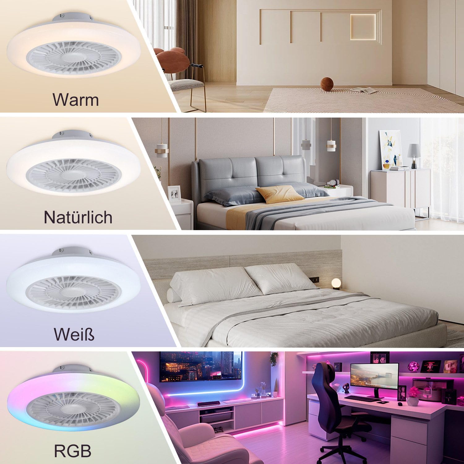 Deckenleuchte mit Ventilator, leise, RGB, Bluetooth-Musik 40W