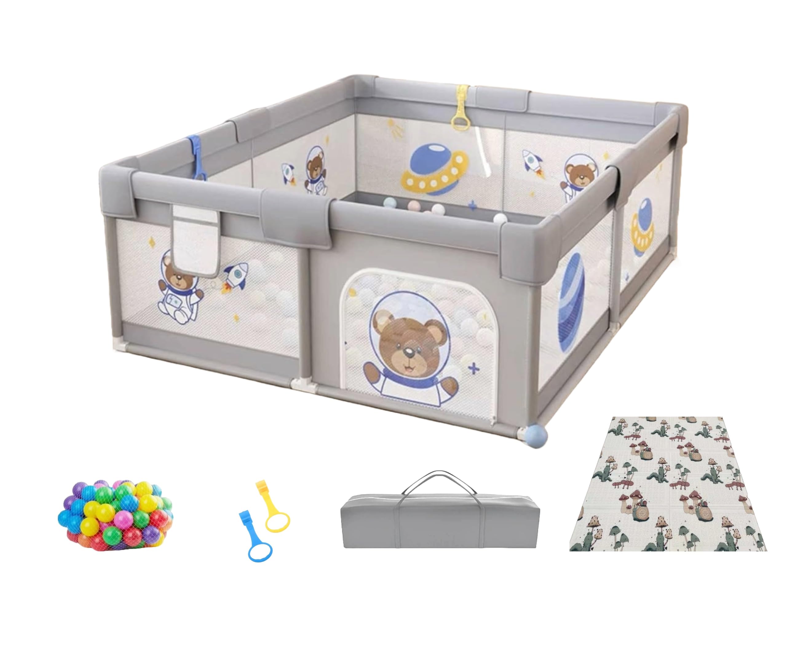 SuhitoExtra Large Baby Playpen 180x150cm with Play Mat, 60 Ocean Balls, 2 Handrails & 1 Bag, Safe Baby Fence, Indoor & Outdoor Kids Activity Center (Light Grey)