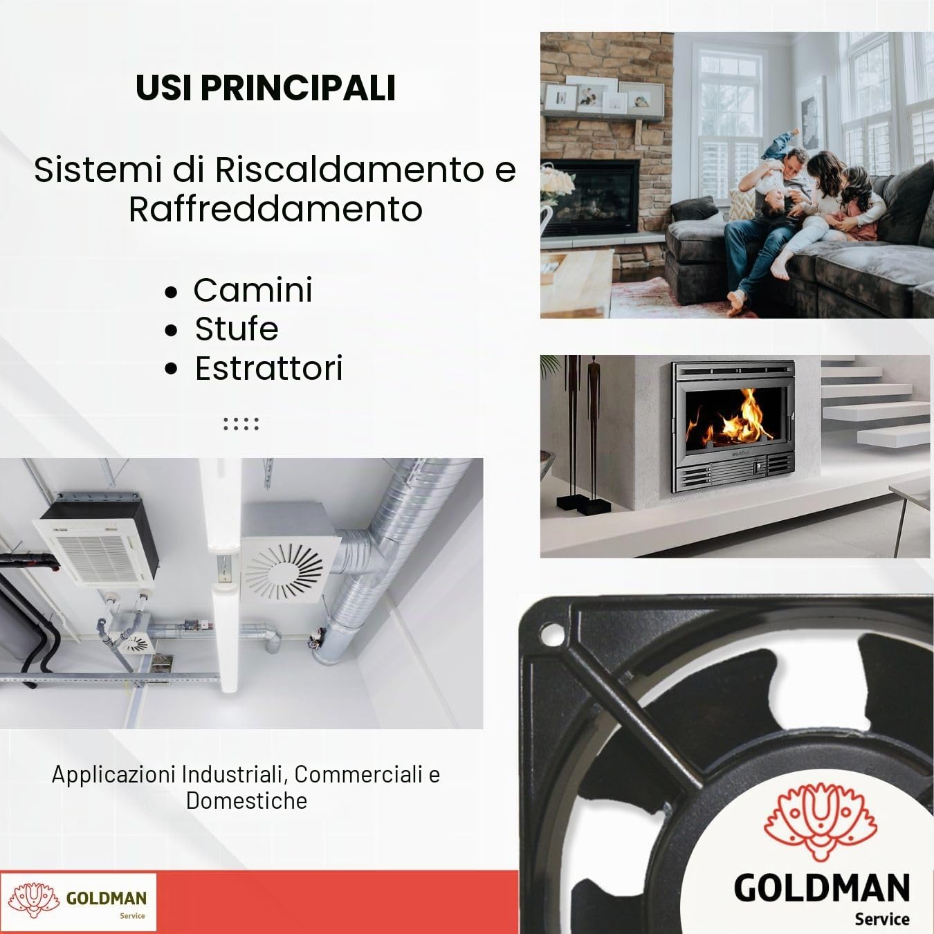 GOLDMAN SERVICE Ventola assiale per cassetta camino, inseribile, ad alta temperatura, di pale metalliche, silenziosa e universale, nero, 120 x 120 x 38 mm