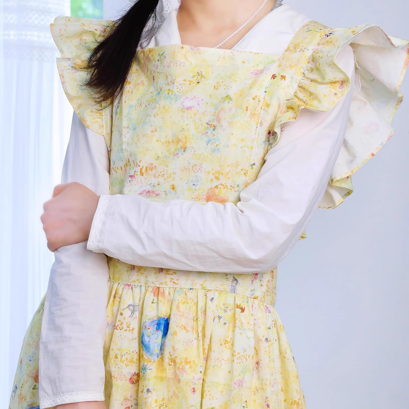 Damski Fartuch Kuchenny, Bawełniany Lniany Fartuch Dla Kobiet, Frilly Vintage Fartuszek RegulowanyYellow,One Size