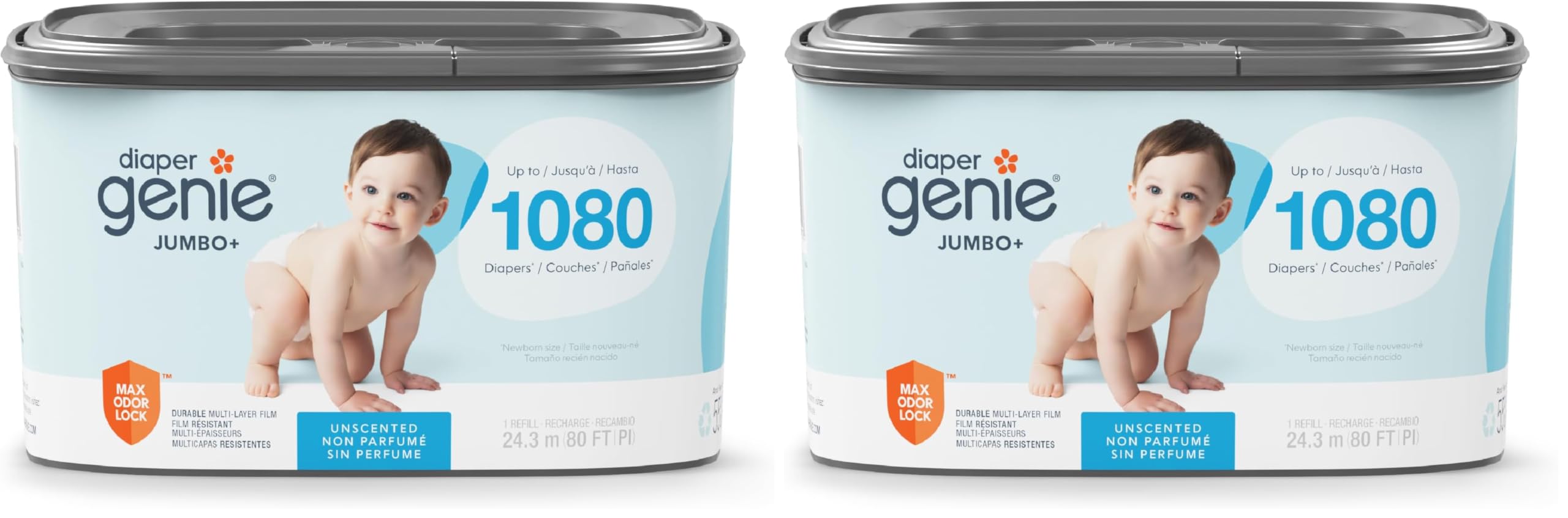 The Diaper Genie Jumbo+ Square Refill, with continuous film, can hold up to 1080 newborn-sized diapers per refill. (Pack of 2)